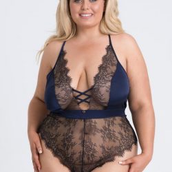 Lovehoney Plus Size Dark Orchid Navy Satin and Lace Plunge Teddy